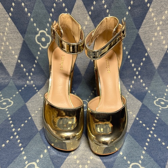 Lurnyet Shoes - Women's Shiny Gold Ankle-Strap Platform Heels